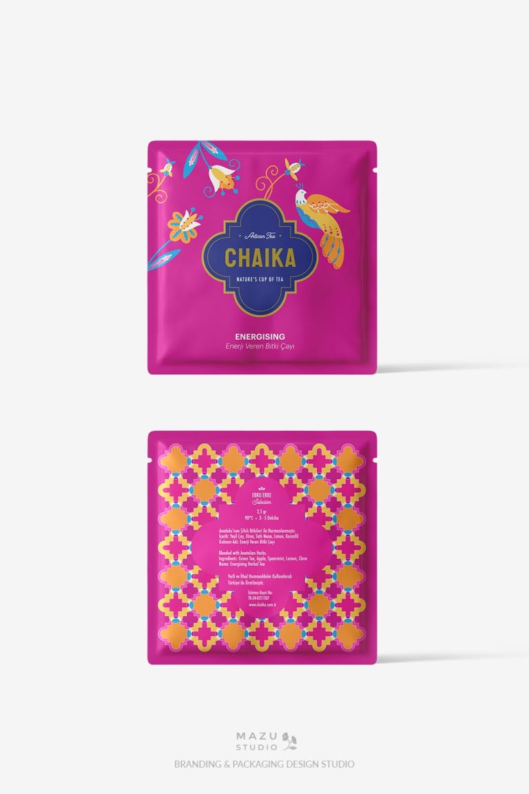 Bao bì gói trà Chakas màu tím hồng hoa văn