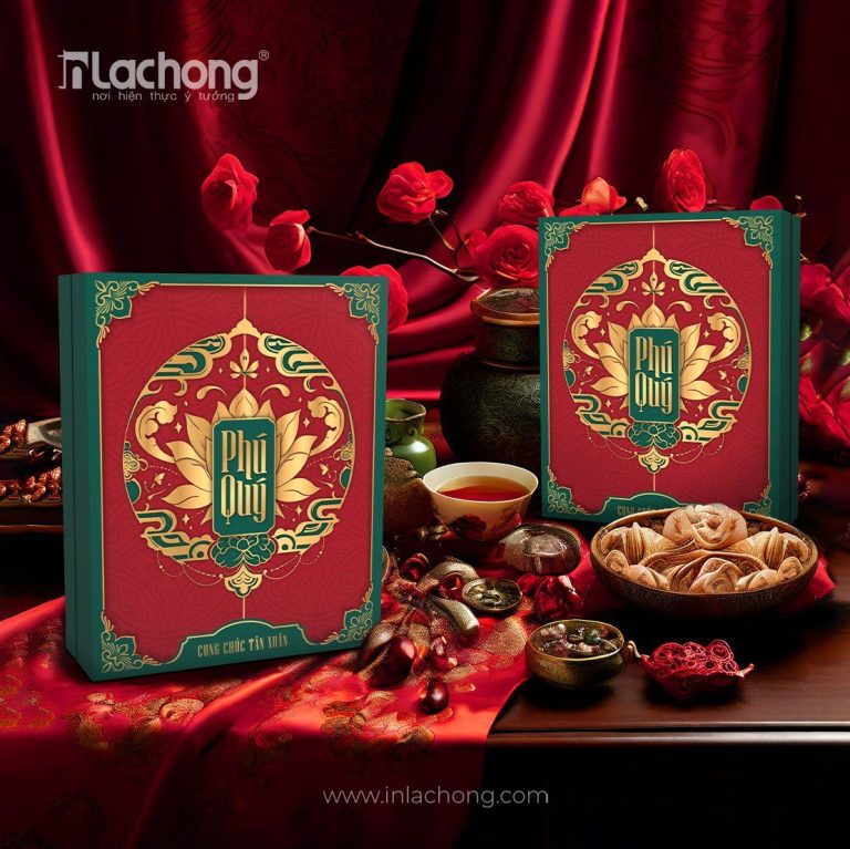 Bộ hộp quà Tết đỏ xanh in tranh dân gian