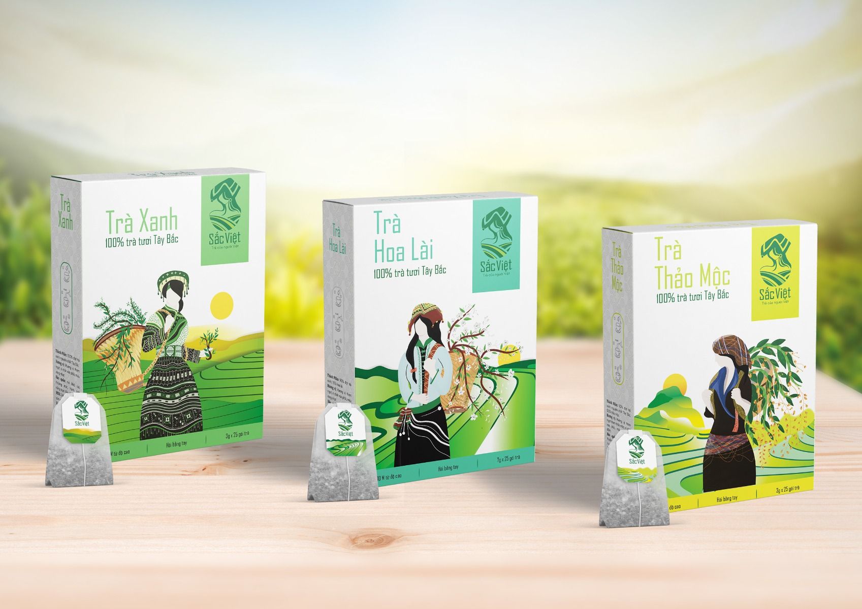 Bộ hộp trà hoa sen màu trắng xanh minh họa nông thôn