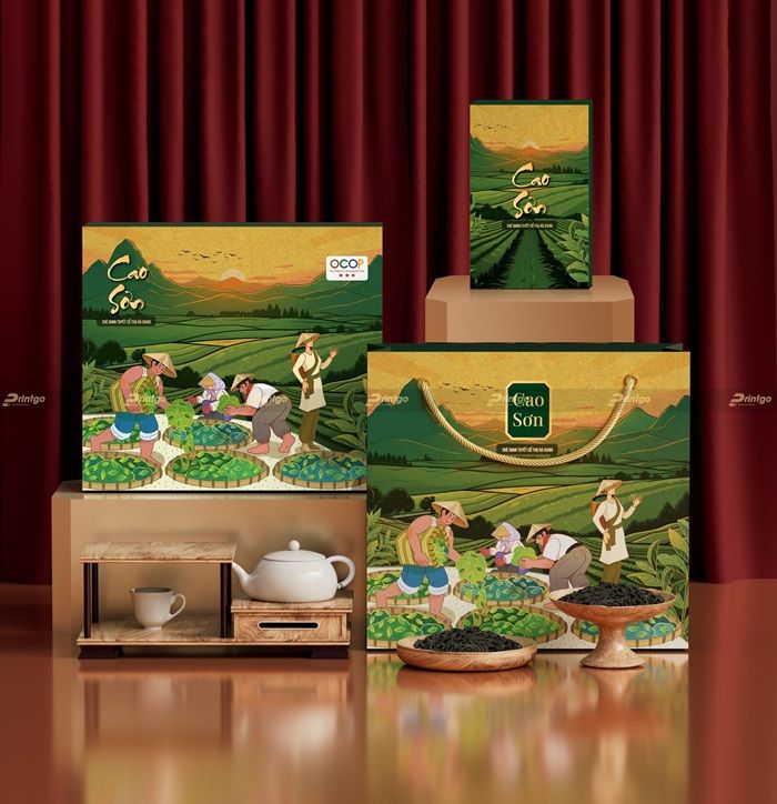 Bộ hộp trà và hộp quà xanh lá minh họa đồng quê