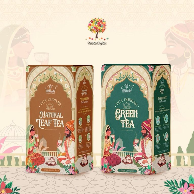 Bộ hộp trà xanh và trà đen minh họa cây cỏ