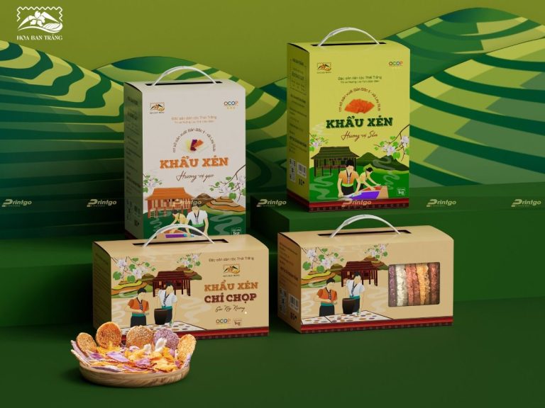 Bộ hộp và túi quà trà xanh nhạt in tranh làng quê
