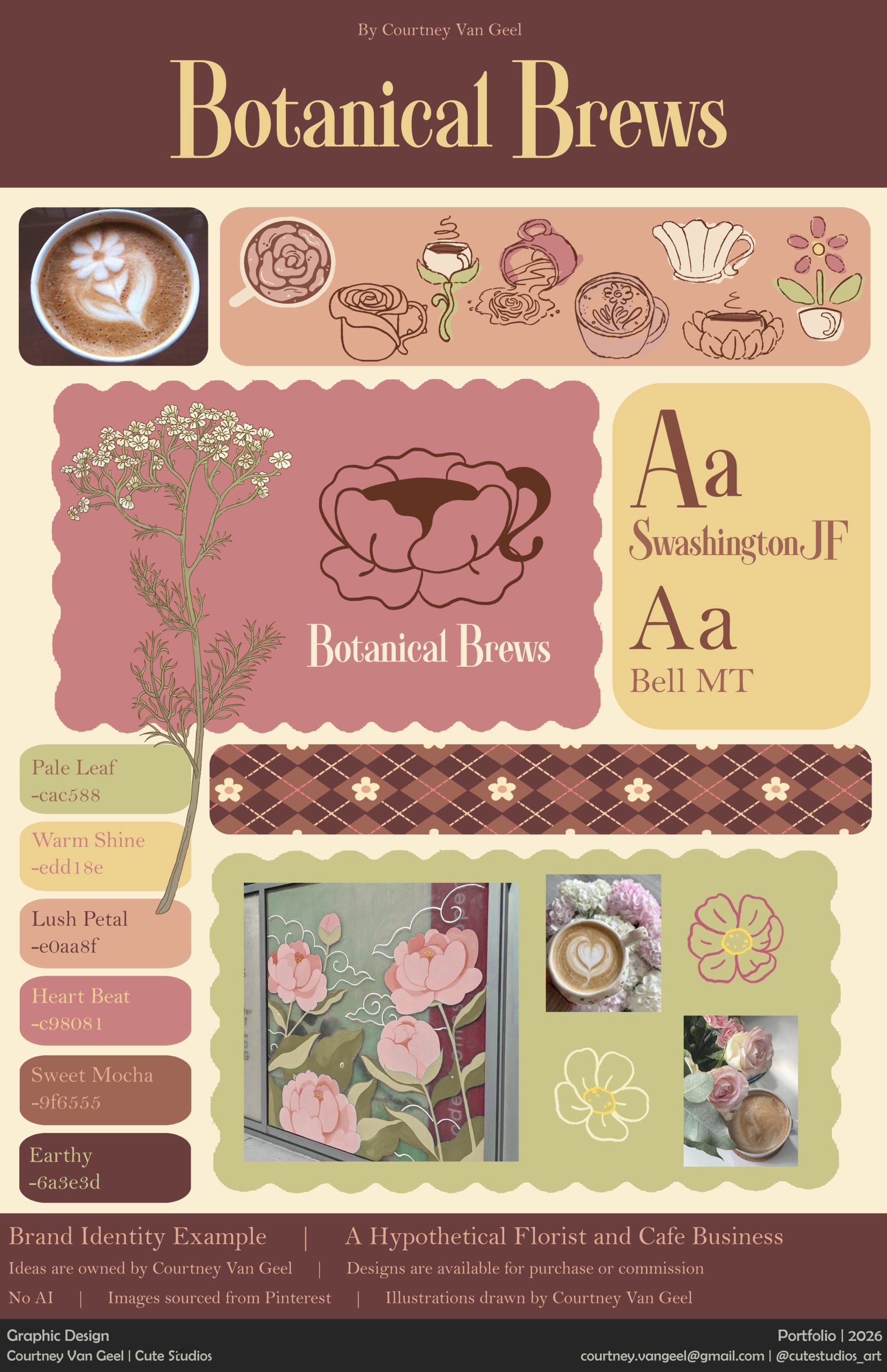 Bộ tem nhãn chai trà Botanical Brews màu hồng nâu
