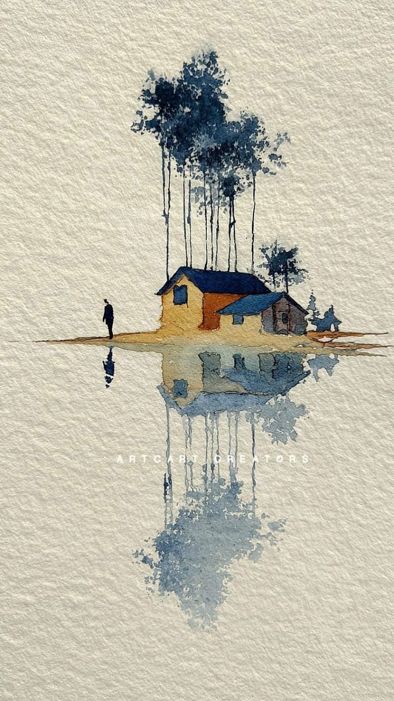 Căn nhà nhỏ in bóng xuống mặt hồ
