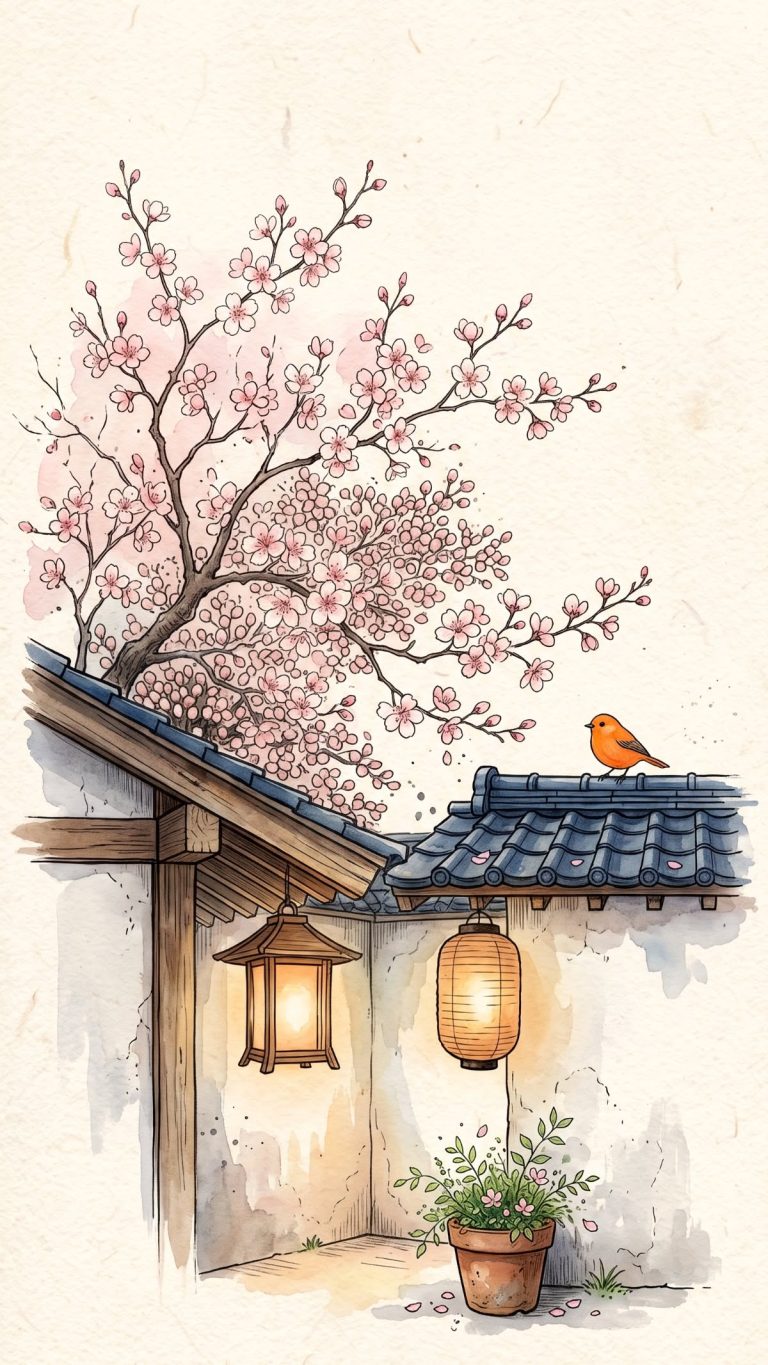 Cành đào hồng trước hiên nhà