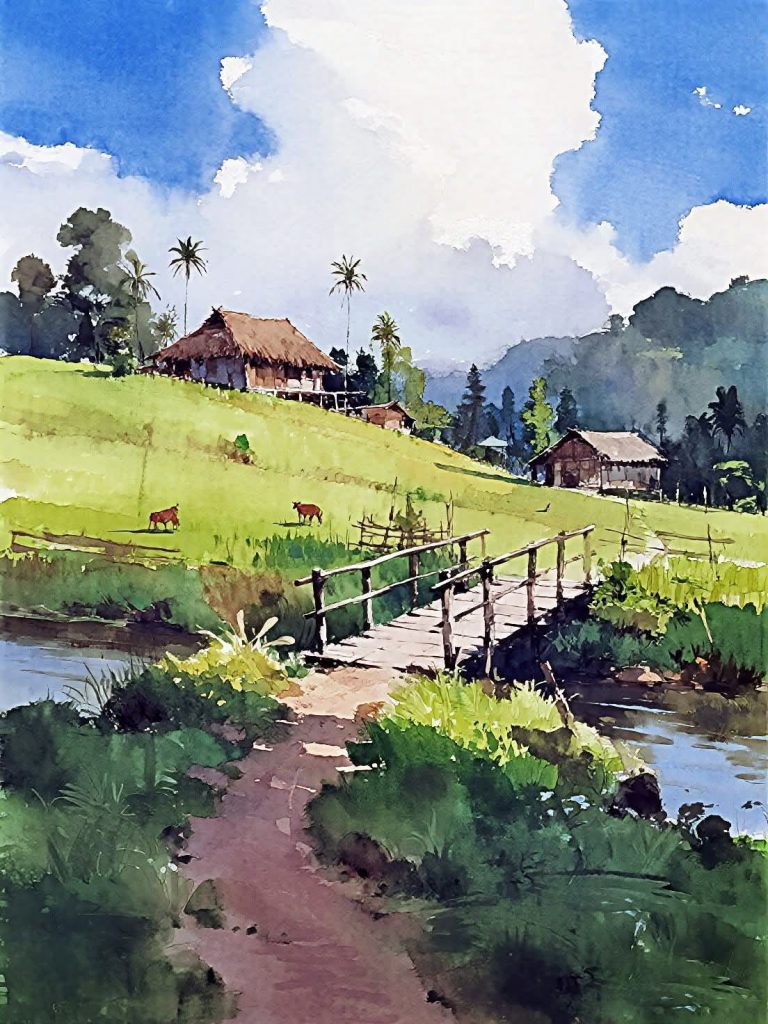 Cầu gỗ qua suối giữa đồng quê