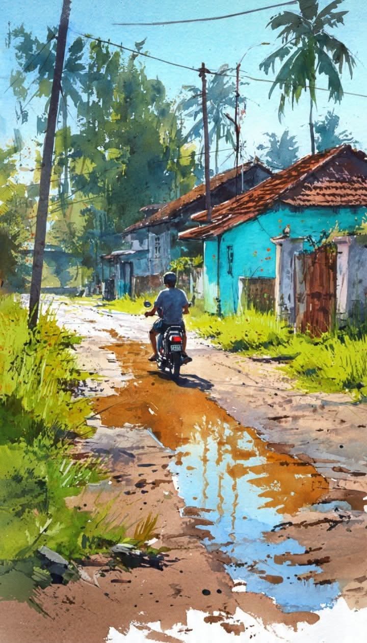 Con đường làng có người đi xe máy