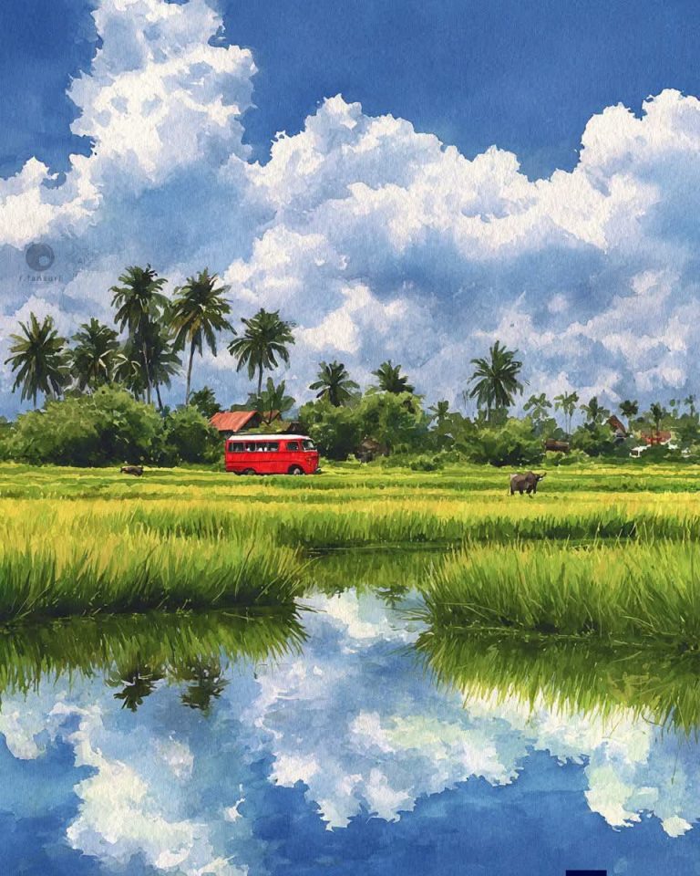 Đồng lúa xanh và mây trắng phản chiếu