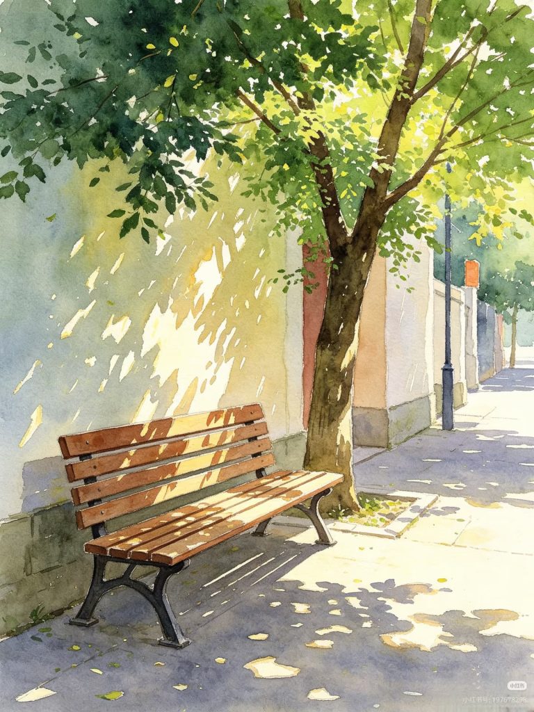 Ghế gỗ trong công viên nắng vàng