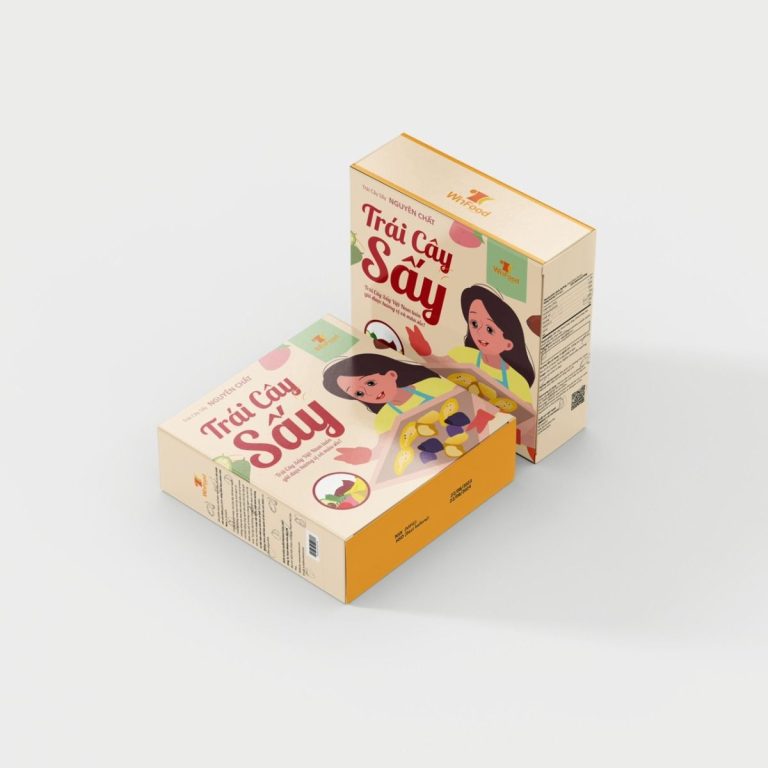 Hộp bánh tráng sấy màu vàng in nhân vật hoạt hình