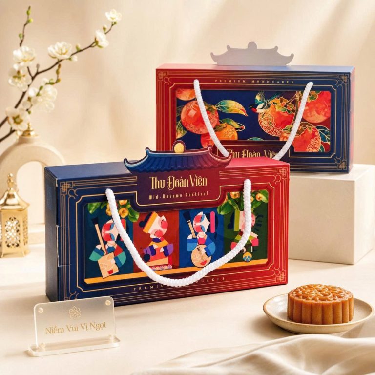 Hộp bánh trung thu cao cấp màu đỏ xanh in tranh cổ