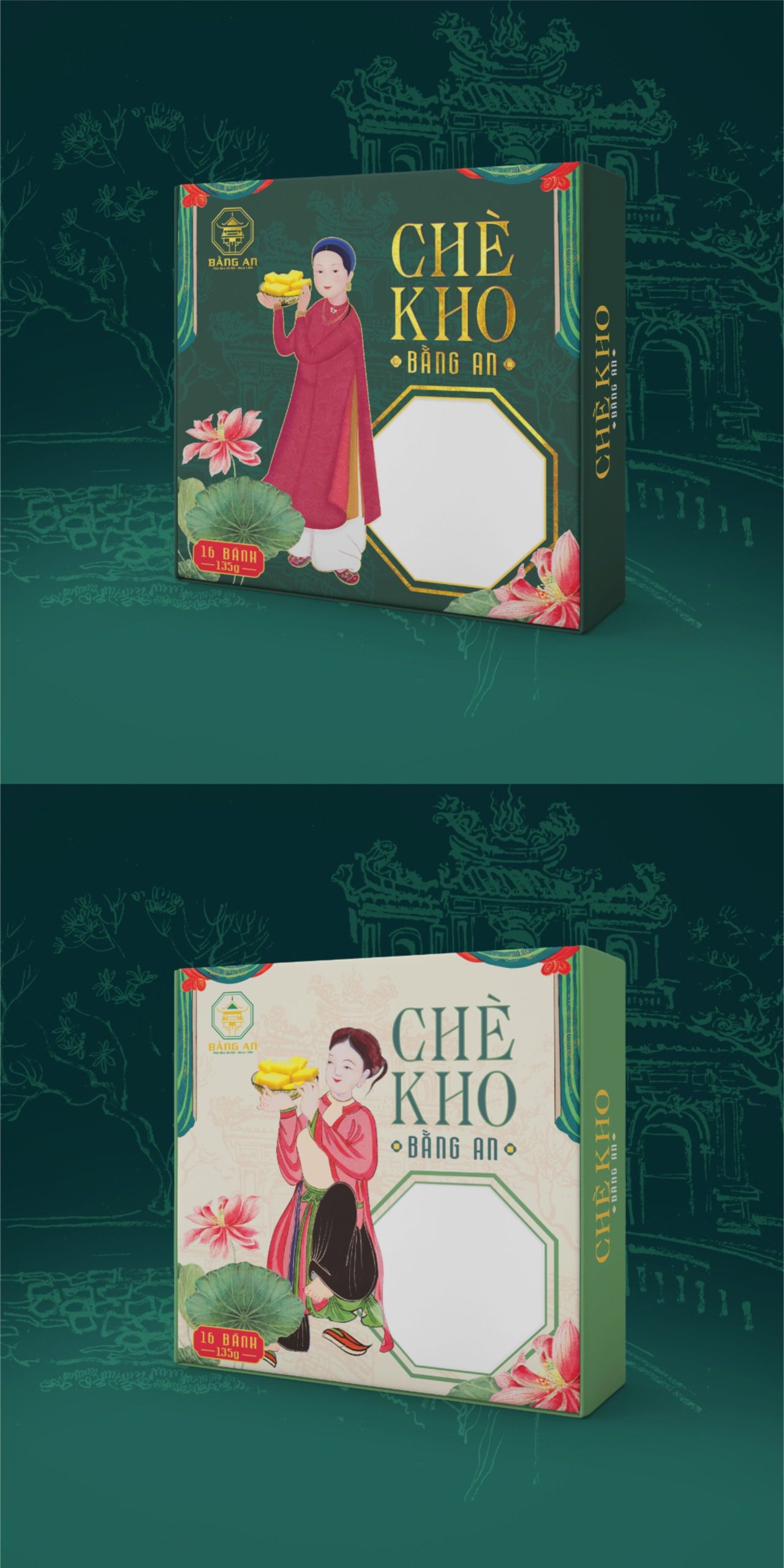 Hộp chè khô màu xanh đậm họa tiết hoa cỏ