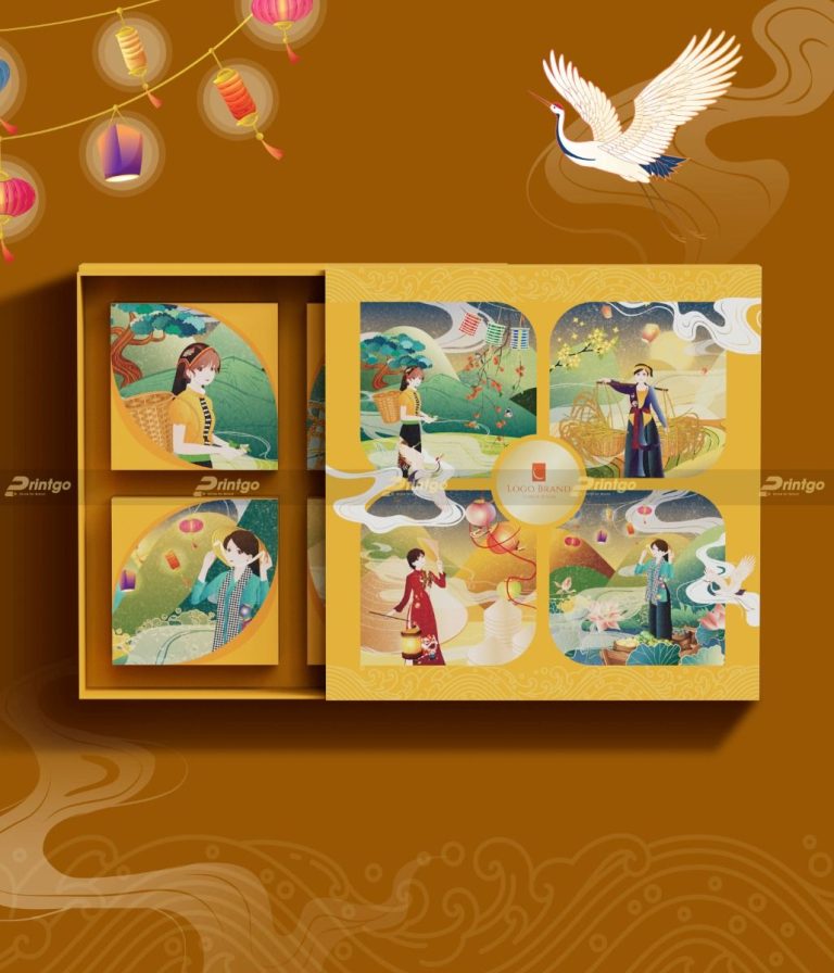Hộp quà bánh trà với tranh dân gian và chim hạc