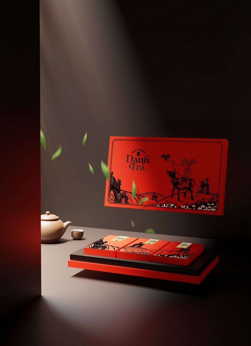 Hộp quà cao cấp màu đỏ đen in tranh phố cổ