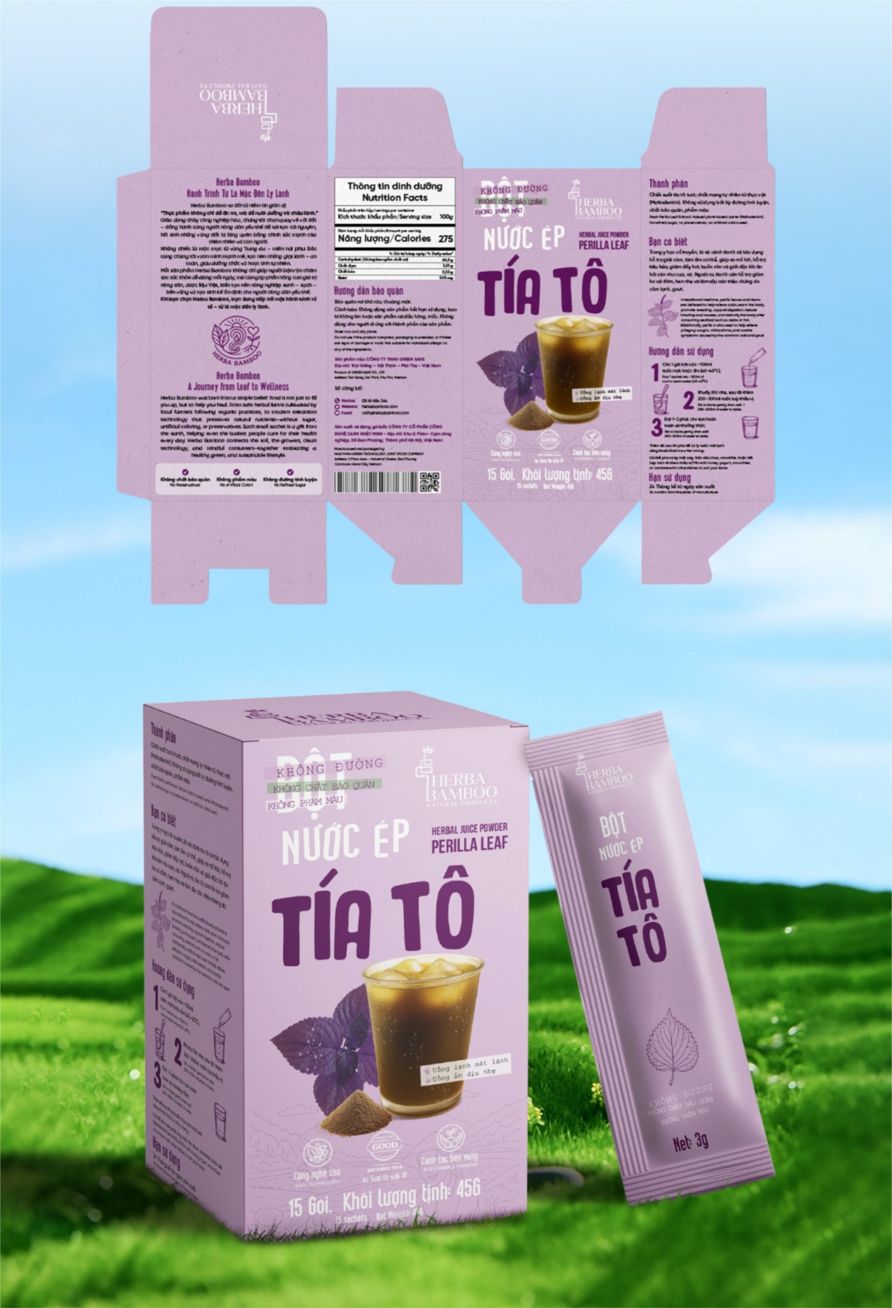 Hộp và gói trà tía tô màu tím pastel