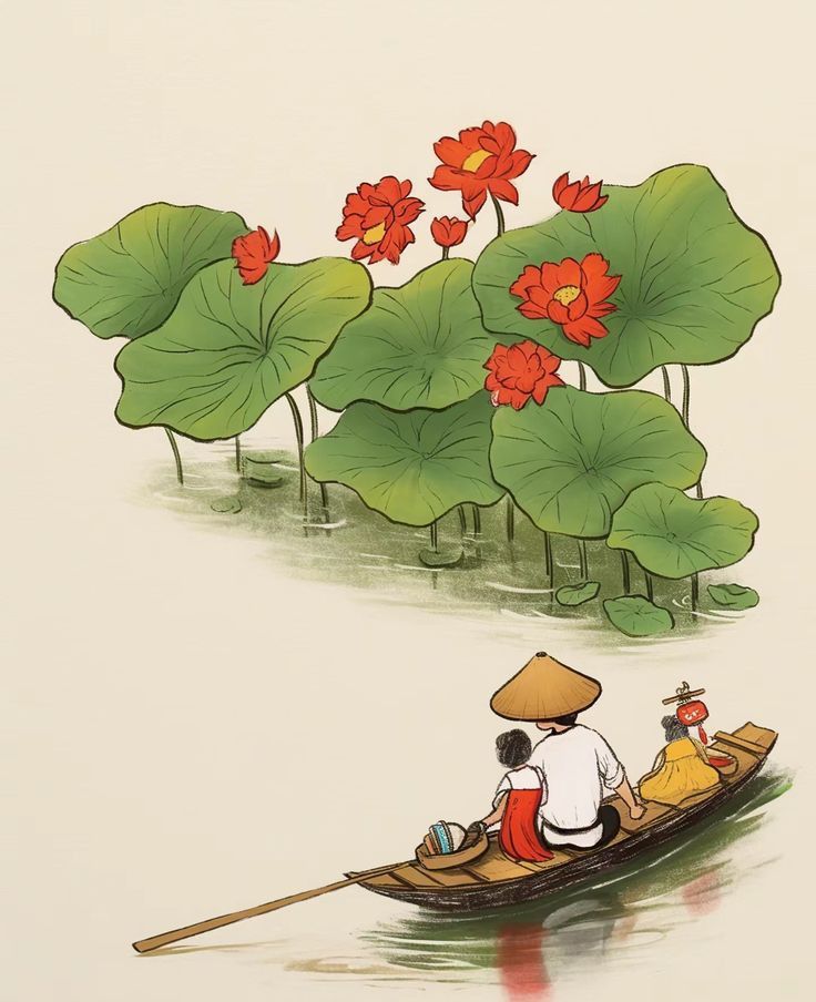 Người lái thuyền bên đầm sen đỏ