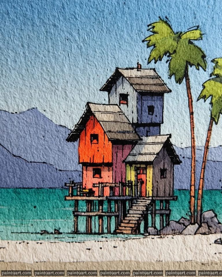 Nhà sàn gỗ bên bãi biển nhiệt đới