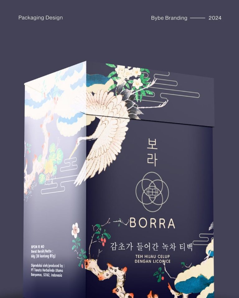 Thiết kế bao bì hộp giấy Borra nền xanh tím in hình chim