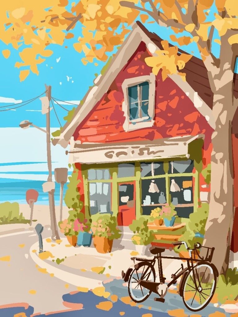 Tiệm hoa mái đỏ dưới cây lá vàng