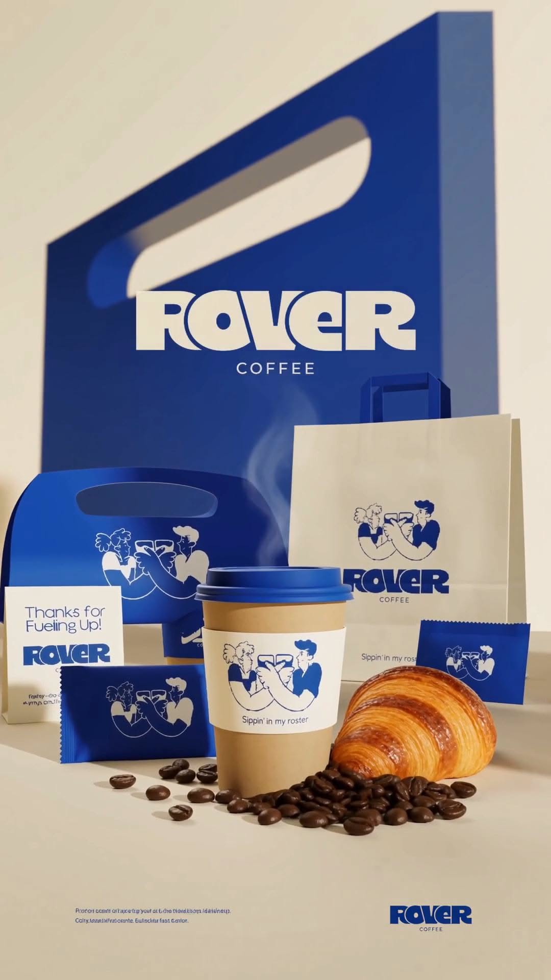 Túi giấy và cốc cà phê Rover màu xanh dương