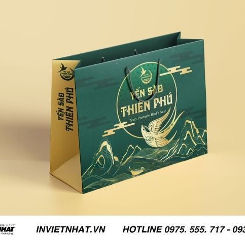Túi giấy yến sào Thiên Phú xanh rêu ép kim vàng