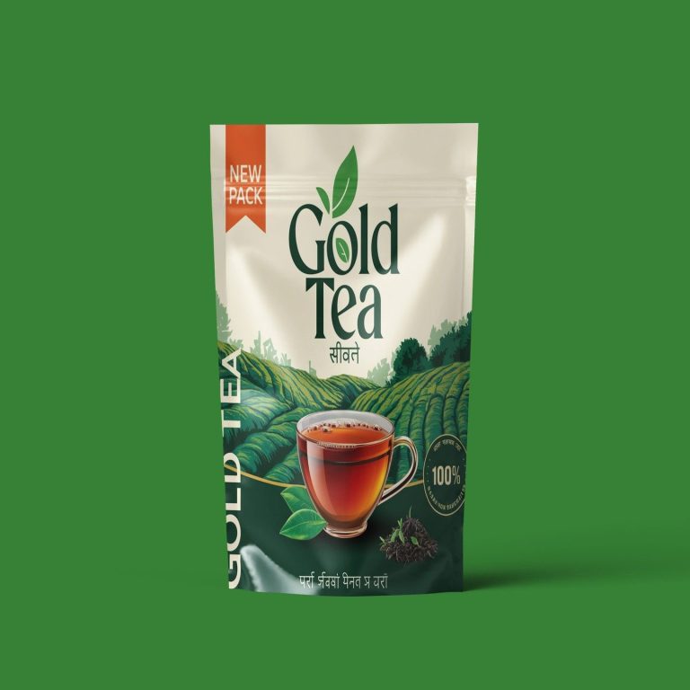 Túi trà Gold Tea màu trắng xanh in hình ly trà